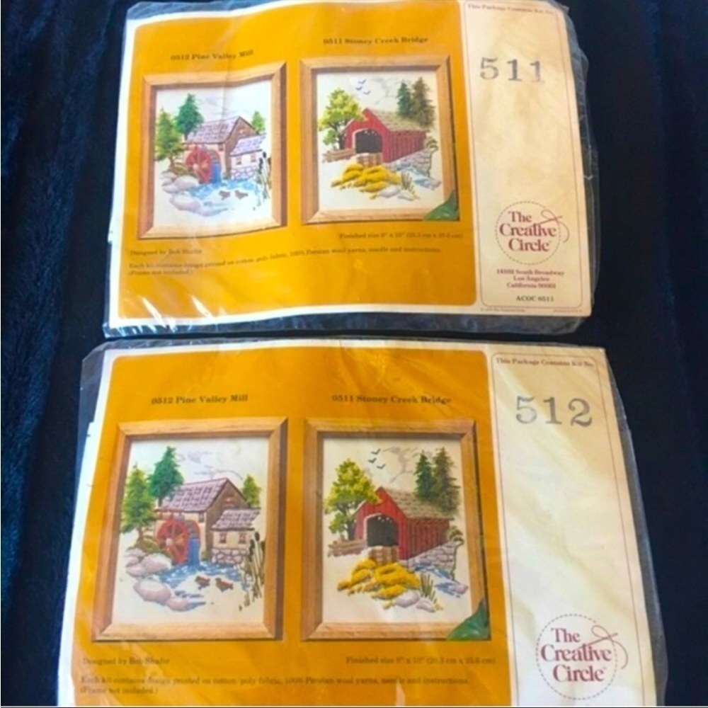 Vintage 1980s Creative Circle Stitchery Kit Bundle Mill & Covered Bridge